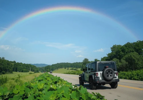 Jeep SUV driving on a country road under a bright rainbow in a green landscape.