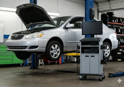Silver Toyota sedan elevated on a service lift inside an automotive repair shop with diagnostic equipment.